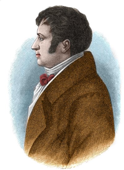 Portrett av August Whilhelm von Schlegel (1767-1845), tysk filosof, kritiker, orientalist og oversetter og teoretiker av den romantiske bevegelsen. av Unknown artist