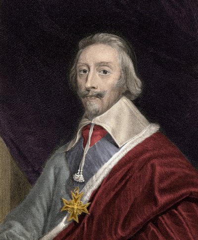 Portrett av kardinal Richelieu (1585-1642) bærende korset av Den Hellige Ånds Orden (Den Hellige Ånd) - Armand Jean Du Plessis Kardinal og hertug av Richelieu (1585-1642) med et kors av Den Hellige Ånds Orden - gravering - 1800-tallet av Unknown artist