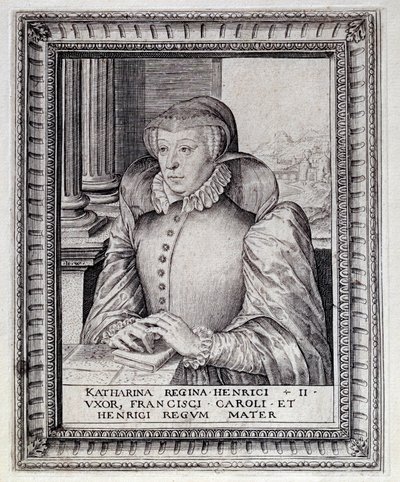 Portrett av Catherine de Medicis (Caterina de Medici) (1519-1589), dronning av Frankrike. Gravering fra 1500-tallet. Pau, Musee Du Chateau av Unknown artist