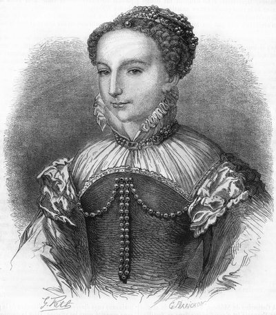 Portrett av Catherine de Medicis (Caterina de Medici) (1519-1589) kone til Henrik II, konge av Frankrike. 1800-talls gravering. av Unknown artist