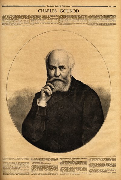 Portrett av Charles Gounod (1818-1893), en fransk komponist, kjent for sine operaer (Faust i 1859, Romeo og Juliette i 1867), han komponerte også symfonier og en rekke melodier til diktene til Alfred de Musset (1810-1857) og Victor Hugo (1802-1885). Engr av Unknown artist