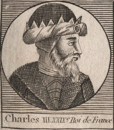 Portrett av Charles III sier den enkle (879-929) kongen av frankene - CHARLES III (879-929) - Charles den enkle - konge av Frankrike, 893-923 - gravering fra "Instruction sur l