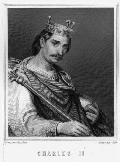 Portrett av Karl II den skallede (823 - 877), konge av Frankrike - i "Histoire des Français"" av Lavallée, gravering, sd. av Unknown artist