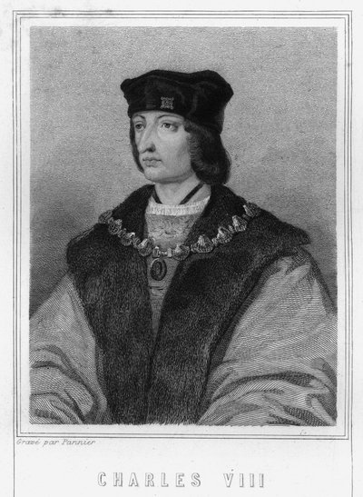 Portrett av Charles VIII (1470 - 1498), konge av Frankrike - i "Histoire des Français"" av Lavallée, gravering, sd. av Unknown artist