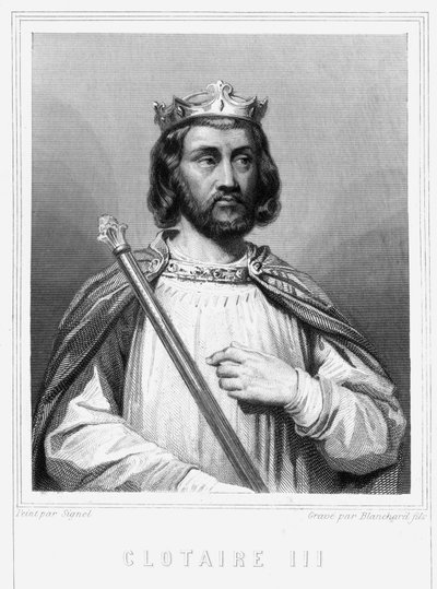 Portrett av Clotaire (Clothaire) III (652 - 673), konge av Neustria og Burgund - i "Histoire des Français"" av Lavallée, gravering, sd. av Unknown artist