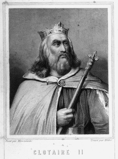 Portrett av Clotaire (Clothaire) II (584 - 628), konge av Neustria og konge av frankene - i "Histoire des Français"" av Lavallée, gravering, sd. av Unknown artist