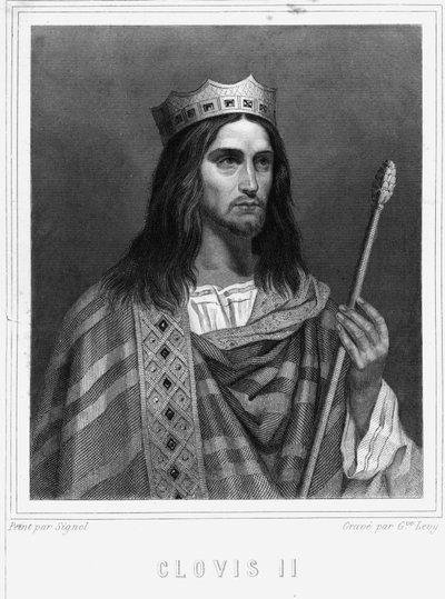 Portrett av Clovis II (? - 657), konge av Neustria, Burgund og Austrasie - i "" Histoire des Français"" av Lavallée, gravering, sd. av Unknown artist