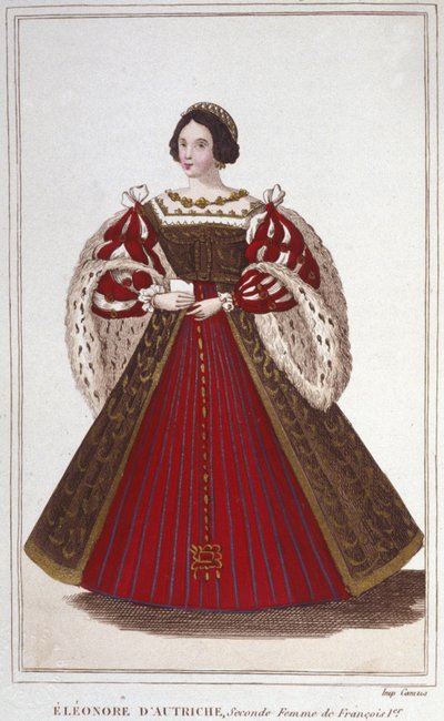 Portrett av Eleonore av Habsburg (eller Østerrike) (1498-1558). Erkehertuginne av Østerrike, dronning av Portugal, deretter dronning av Frankrike, andre kone til Francois I. gravering av 1830 av Unknown artist