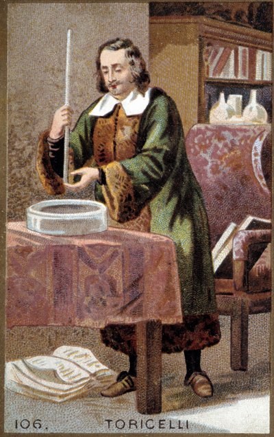 Portrett av Evangelista Torricelli eller Toricelli (1608-1647), italiensk fysiker, med sin oppfinnelse: Barometeret (kvikksølvrør). av Unknown artist