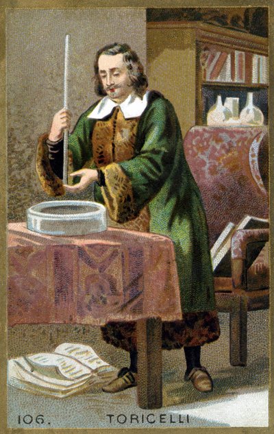 Portrett av Evangelista Torricelli eller Toricelli (1608 - 1647), italiensk fysiker med sin oppfinnelse Barometeret (kvikksølvrør). Kromolitografi fra 1800-tallet. av Unknown artist
