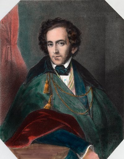 Portrett av Felix Mendelssohn (1809 - 1847), tysk dirigent og komponist. Gravering av 1800-tallet. Privat samling. av Unknown artist