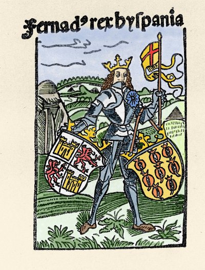 Portrett av Ferdinand I av Aragon den rettferdige (1380-1416) konge av Spania. Gravering fra “” De insulis in mare Indico super inventis””, Bale 1493-1494 (latinsk oversettelse av Columbus rapport til kongen av Spania). av Unknown artist