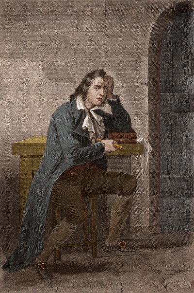 Portrett av Francois Babeuf dit Gracchus (1760-1797), fransk revolusjonær, knivstikker seg selv - Anonym gravering av Unknown artist