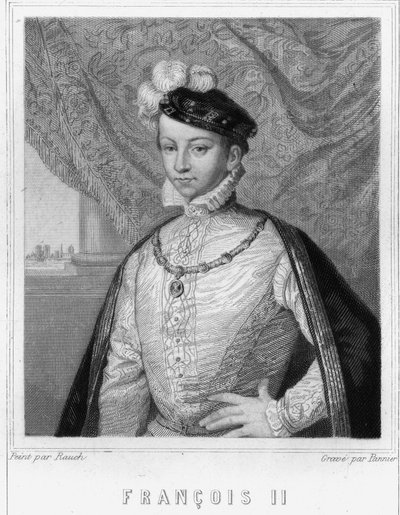 Portrett av Francois II (1544 - 1560), konge av Frankrike - i "Histoire des Français"" av Lavallée, gravering, sd. av Unknown artist