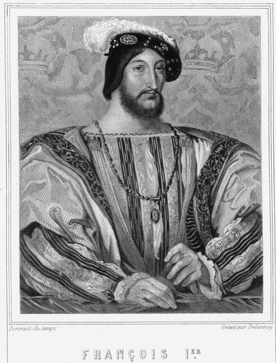 Portrett av Francois I (1494 - 1547), konge av Frankrike - i "Histoire des Français"" av Lavallée, gravering, sd. av Unknown artist