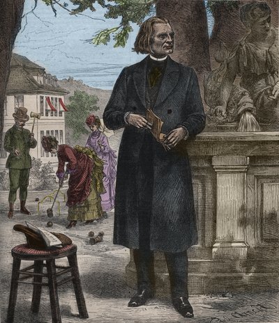 Portrett av Franz Liszt (1811-1886), ungarsk komponist, pianist og dirigent (Franz Liszt, ungarsk komponist, pianist og dirigent) gravering i "" Popular Music """ berømte ukeavis - 1882 av Unknown artist