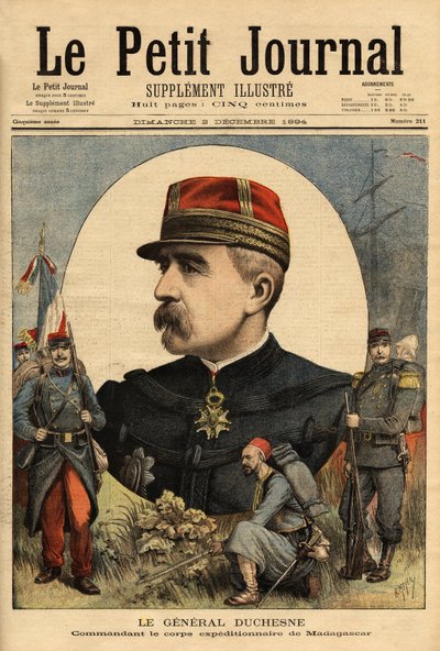 Portrett av general Jacques Charles Duchesne (1837-1918), sjef for de væpnede styrkene sendt til Madagaskar i 1894, tok han Tananarive. Gravering i "" Le petit journal"" 3/12/1894. Selvas samling. av Unknown artist