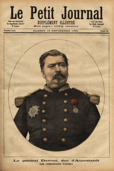 Portrett av general Leopold Davout, hertug av Auerstaedt (1829-1904), stabssjef for den franske Armee, som deltok i katastrofen under den fransk-prøyssiske krigen (1870) av Napoleon III (1808-1873). Gravering i "" Le petit journal"" 17.09.1891. Selvas c av Unknown artist