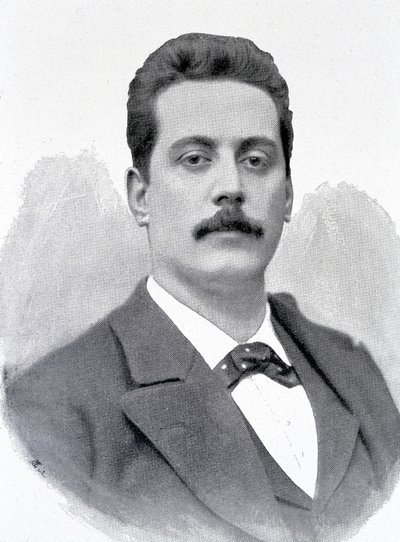 Portrett av Giacomo Puccini, italiensk komponist (1858-1924), gravering fra 1800-tallet. av Unknown artist