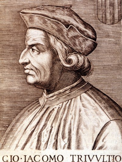 Portrett av Giangiacomo Trivulzio (marskalk Trivulce) Marquis de Vigevano på fransk Trivulce. Marskalk av Frankrike (1448 til 1518). Gravering fra 1600-tallet av Unknown artist