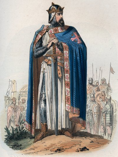 Portrett av Godefroy (Godefroi) de Bouillon (1061-1100) i korsdrakt. Gravering fra 1868 i «Histoire de Belgique fra primitiv tid til slutten av regne av Leopold I»» av Theodore Juste (1818-1888). Privat samling. av Unknown artist