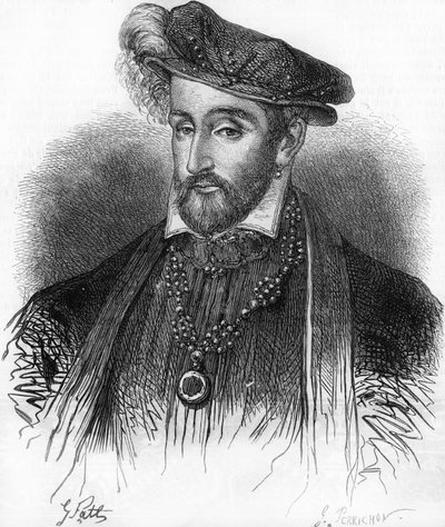 Portrett av Henry II, konge av Frankrike (1519-1559), gravering fra 1800-tallet. av Unknown artist