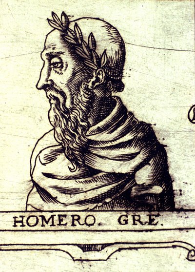 Portrett av Homer (9. århundre f.Kr.). Gravering av 1560 fra Atlas of Urbano Monte av Unknown artist