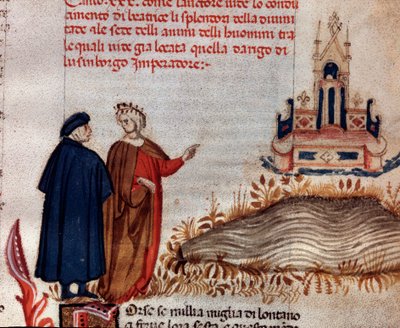 Portrett av den italienske poeten Dante Alighieri med Virgil som ser på tronen til Henry VII (sang 20 fra Paradise, in the Divine Comedy) - Miniatyr av Unknown artist