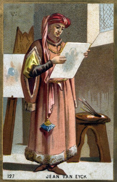 Portrait of Jan Van Eyck (1390 -1441) Flemish painter - headdress of a liripipion. Chromolithography of the 19th century. av Unknown artist