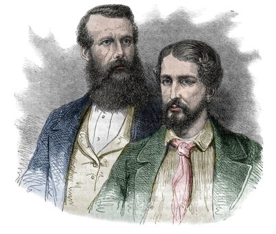 Portrett av John Hanning Speke, britisk oppdagelsesreisende, og James Augustus Grant, britisk soldat og oppdagelsesreisende. Sammen utforsket de kildene til Nilen - gravering fra "" Den pittoreske historien til store reiser i det nittende århundre"". 1877 av Unknown artist