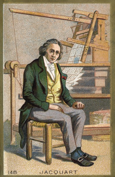 Portrett av Joseph Marie Jacquard (1752-1834), fransk mekaniker foran sin automatiske vevstol. av Unknown artist