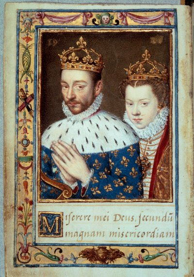 Portrett av kong Charles IX (1550-1574) og Elizabeth av Østerrike (1554-1592) Dronning av Frankrike Manuskriptside av "Timeboken av Catherine de Medicis" (Caterina de Medici) Paris fra 1500-tallet, B.N. av Unknown artist
