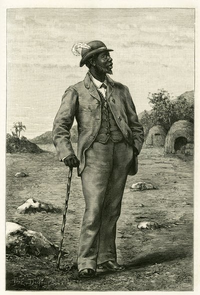 Portrett av kong Sepopo av Zambeze (dagens Sør-Afrika), kledd i europeisk stil, gravering av P. Dufour, for å illustrere historien "Au pays des Marutses", i 1875-1879, av Dr. Emile Holub (1847- 1902). Publisert i Tour du monde, 2. semester 1 av Unknown artist