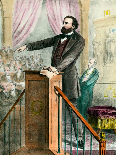 Portrett av Leon Gambetta (1838 - 1882) i galleriet. Gravering av 1800-tallet. Coll. Gå. av Unknown artist