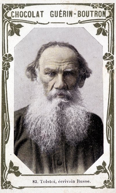 Portrett av Lev Nikolajevitsj, grev Tolstoj (Leo Tolstoj), russisk forfatter (1828-1910). Vignette des chocolates Guérin - Boutron av Unknown artist
