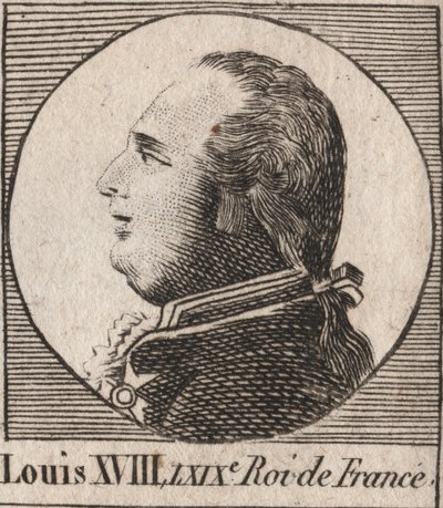 Portrett av Louis XVIII (1755-1824), med kallenavnet Desire, King of France and Navarre fra 1814 til 1815 og fra 1815 til 1824 - Louis XVIII, kjent som den Desired, konge av Frankrike - gravering fra "Instruction sur l
