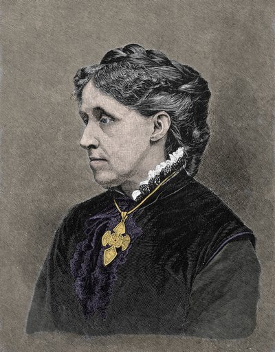 Portrett av Louisa May Alcott (1832-1888), amerikansk forfatter. 1800-talls fargegravering. av Unknown artist