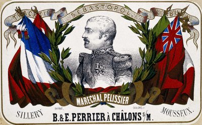 Portrett av Maréchal Pelissier på champagneetikett ""B. & E. Perrier à Chalôns sur Marne"", sd. 1800-tallet. av Unknown artist