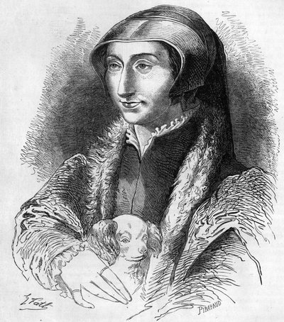Portrett av Margaret av Navarra (Marguerite av Valois, Marguerite av Angouleme eller Marguerite av Frankrike (1492-1549) Dronning av Navarra og poetinne, søster av Francois 1. (1553-1615). Gravering fra 1800-tallet. av Unknown artist