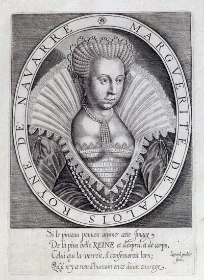 Portrett av Marguerite de Valois (1553 - 1615) kjent som dronning Margot. Gravering fra 1500-tallet. Pau, Musee Du Chateau av Unknown artist
