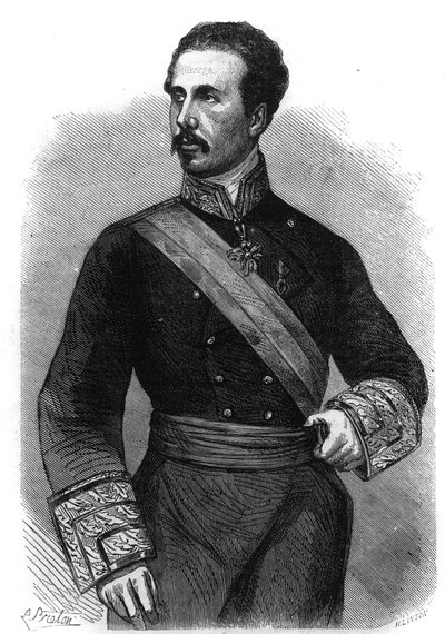 Portrett av Marie Ferdinand Francois av Assisi de Bourbon, konge av Spania (1822-1902). Gravering i "The Illustrious Universe" av Unknown artist