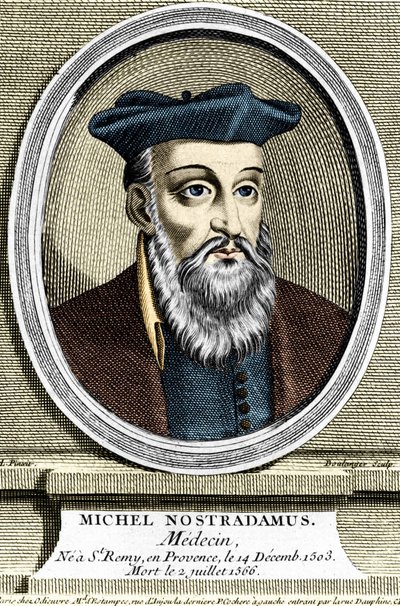 Portrett av Michel Nostradamus, lege og astrolog, hadde ikke Saint Remy de Provence (Saint-Remy-de-Provence) den 14/12/1503 og døde 02/07/1566. Gravering fra 1600-tallet. av Unknown artist