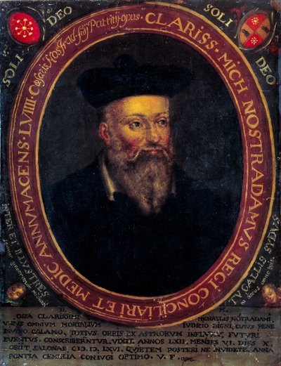 Portrett av Nostradamus, Michel de Notre Dame (1503 - 1566) fransk astrolog og lege. Kobbergravering av Unknown artist