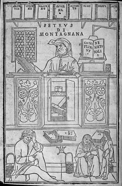 Portrett av Pietro da Montagnana, en medisinsk lærer fra Padova omgitt av greske og arabiske medisinske bøker, og tre pasienter som venter på å få undersøkt urinen. av Unknown artist
