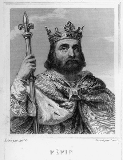 Portrett av Pépin le Brief (v. 714 - 768), kongen av frankene, den første av karolingerne - i «Histoire des Français» av Lavallée, gravering, sd. av Unknown artist