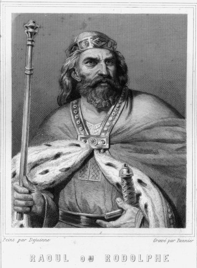 Portrett av Raoul eller Rodolphe av Burgund (? - 936), hertug av Burgund og konge av Frankrike - i "Histoire des Français" av Lavallée, gravering, sd. av Unknown artist