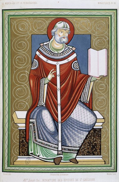 Portrett av Saint Gregory, chromo 19th fra miniatyr av Saint Gregory Epistles av Unknown artist