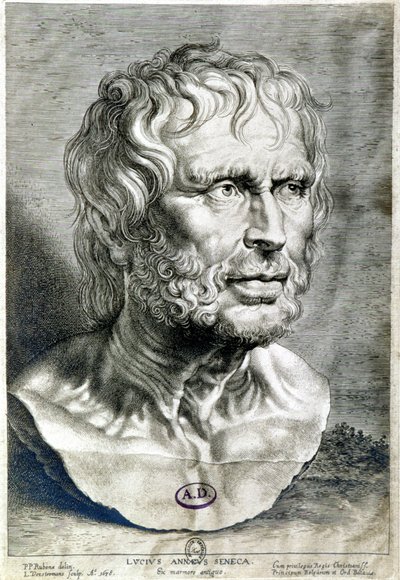 Portrett av Seneque (Lucius Annaeus Seneca, 4 f.Kr.-65 e.Kr.), filosof ved den stoiske skolen, dramatiker og en romersk statsmann - Gravering 1638 - Coll Maciet, Library of Decorative Arts, Paris av Unknown artist
