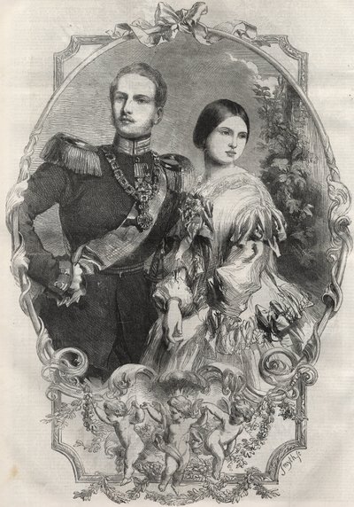 Portrett av deres kongelige høyheter prinsesse Victoria (1840-1901) (dronning Victoria) og kronprins Frederick William av Preussen (1831-1888). Gravering fra 1858. av Unknown artist