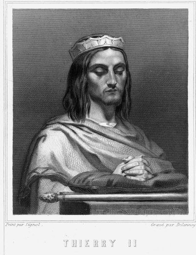 Portrett av Thierry II (? - 613), konge av Burgund og Austrasie - i "Histoire des Français" av Lavallée, gravering, sd. av Unknown artist
